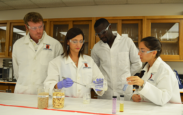 researchers in the lab shown with cellulose biomaterials