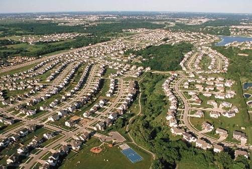 aerial view of suburbs and forest