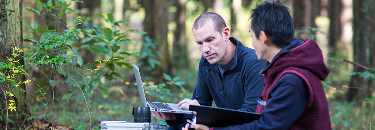 men working with computer in the forest