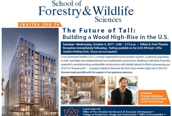 exterior rending of Framework building, first U.S. wood high rise