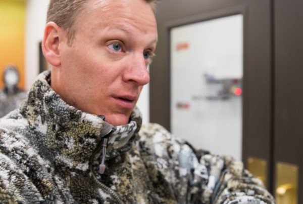 Chris Derrick shown during a lab test for Sitka apparel.