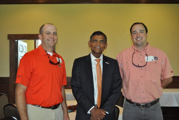 Event sponsors, Hunter Grimes and David Padgett of First South Farm Credit, shown with Dean Janaki Alavalapati (center).