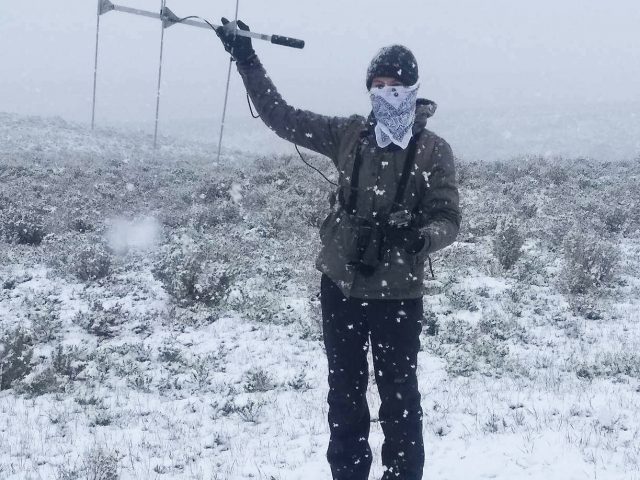 Olivia Wilkes using radio telemetry during a snow storm in Utah