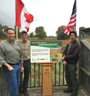 Craig LeSchack ’93, left, director of conservation operations at Ducks Unlimited, attends a project tour in Quebec, Canada, with staff from the Virginia Department of Game and Inland Fisheries.