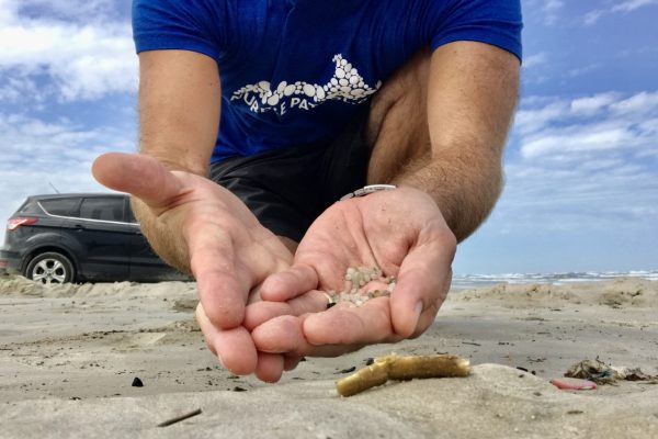 A citizen scientist, one of hundreds involved in the Nurdle Patrol project, holds a group of nurdles collected along the Gulf Coast. The photo was taken at the Mission Aransas National Estuarine Research Reserve.