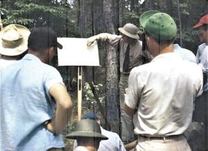 Men are gathered for a forest management learning exercise, with the instructor gesturing to a visual aid stand, circa 1948.