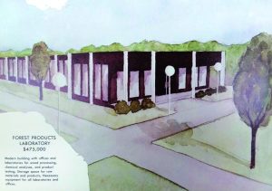 Sketch of proposed forest products lab used for fundraising, 1973