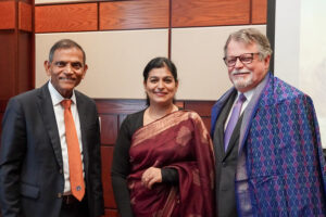 Janaki Alavalapati (left), Priyankaa Varghese (center) and Brett Wright participated in the Tigers United IMOU Signing between Auburn University and Forest College and Research Institute Hyderabad.