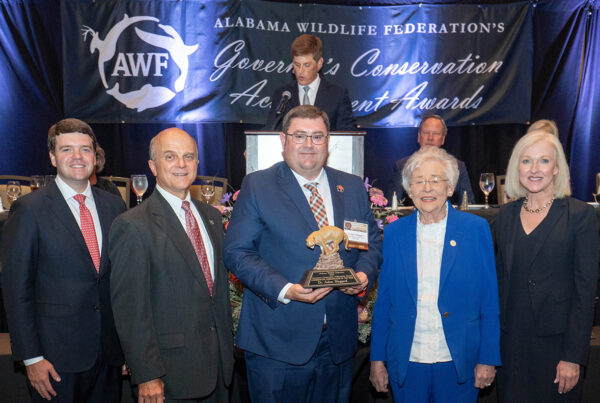 Shown after the awards presentation are from left to right, Taylor Williams with PowerSouth Energy, AWF President Steve Forehand; Adam Maggard; Governor Kay Ivey and Susan Comensky with Alabama Power Company. Photo Credit: Hal Yeager, Governor’s Press Office.