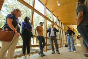 A group of CLT conference attendees touring the Kreher Preserve and Nature Center Environmental Education Building produced from cross-laminated timber.