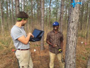 Two students performing research in a forest.