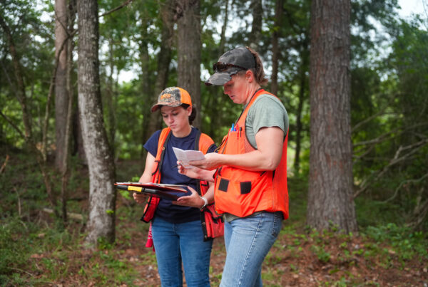 Two Auburn forestry students review measurements of a tree's diameter in the forest at the Solon Dixon Center.