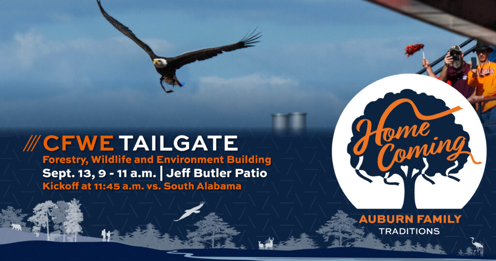 A graphic advertising the Auburn University College of Forestry, Wildlife and Environment inviting everyone to their homecoming tailgate on September 13 from 9 to 11 a.m. 