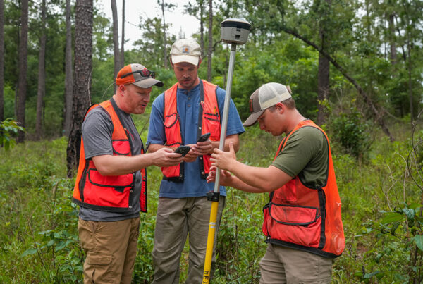 Students shown in forest with professor as they receive field training at the Dixon Center.