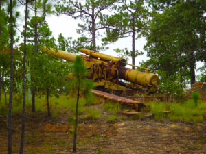 A decommissioned yellow artillery cannon sits in a forest.
