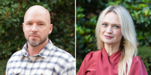 A double headshot graphic featuring John Richards on the left and Brandi Boutwell on the right both photographed against a green background.