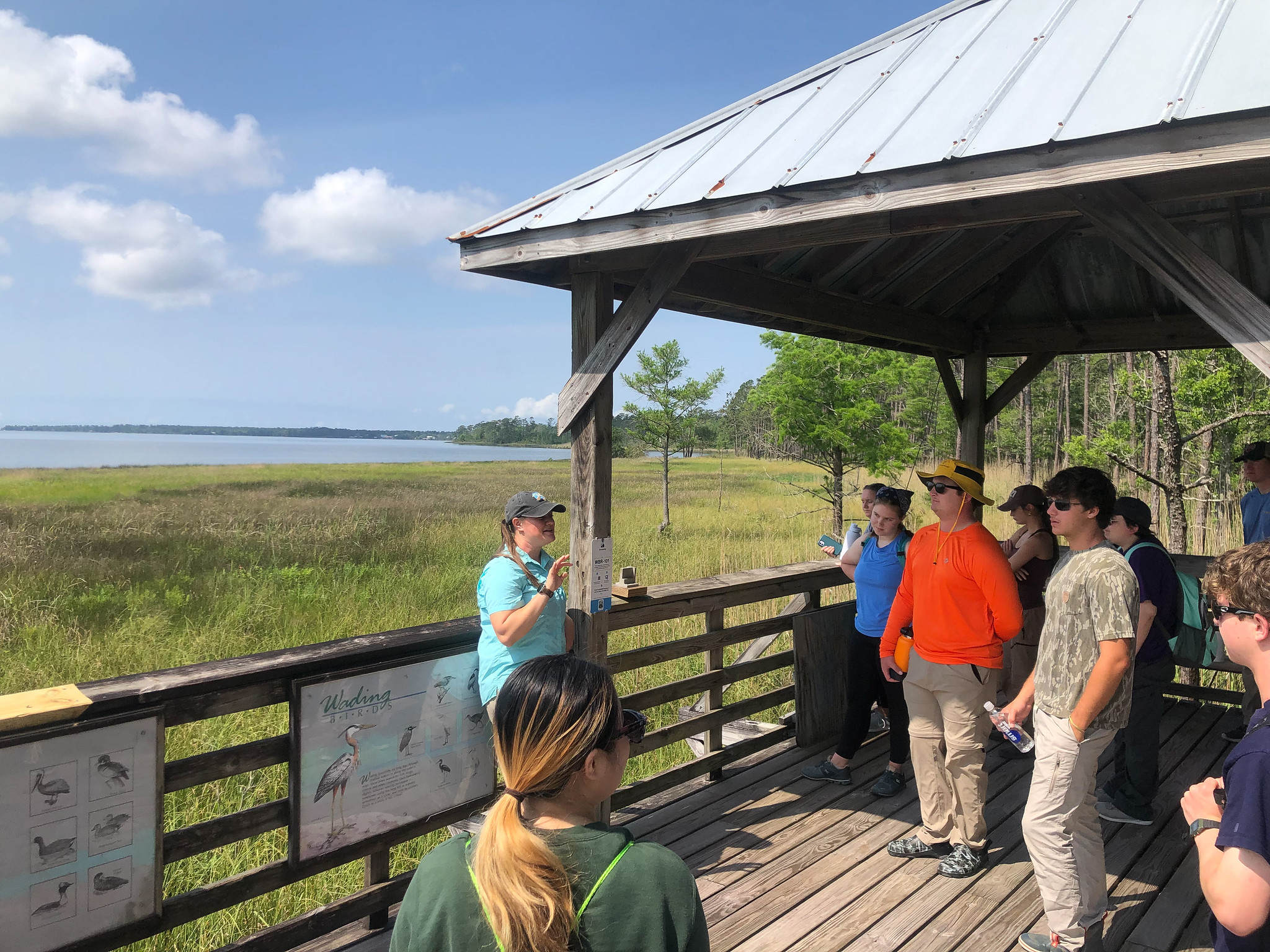 female guide provides interpretation for class of students overlooking coastal salt marsh