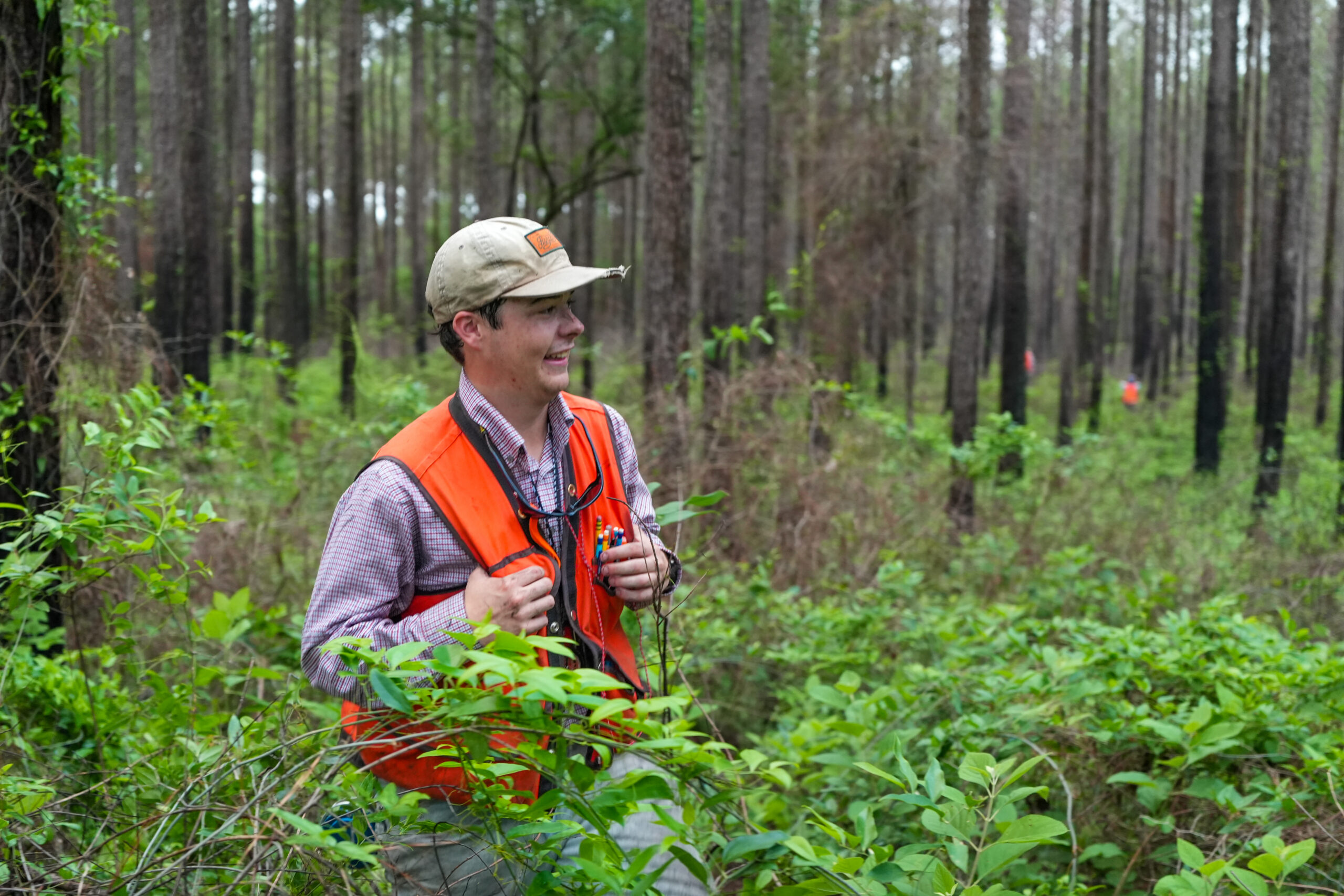 A forestry student walks in the woods