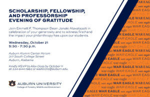 Invite to Schlarhsip dinner hosted at Auburn Alumni Center on Wednesday, October 21, 2026. RSVP / Invite required
