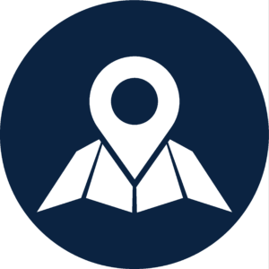 A map pin icon with a blue circular background