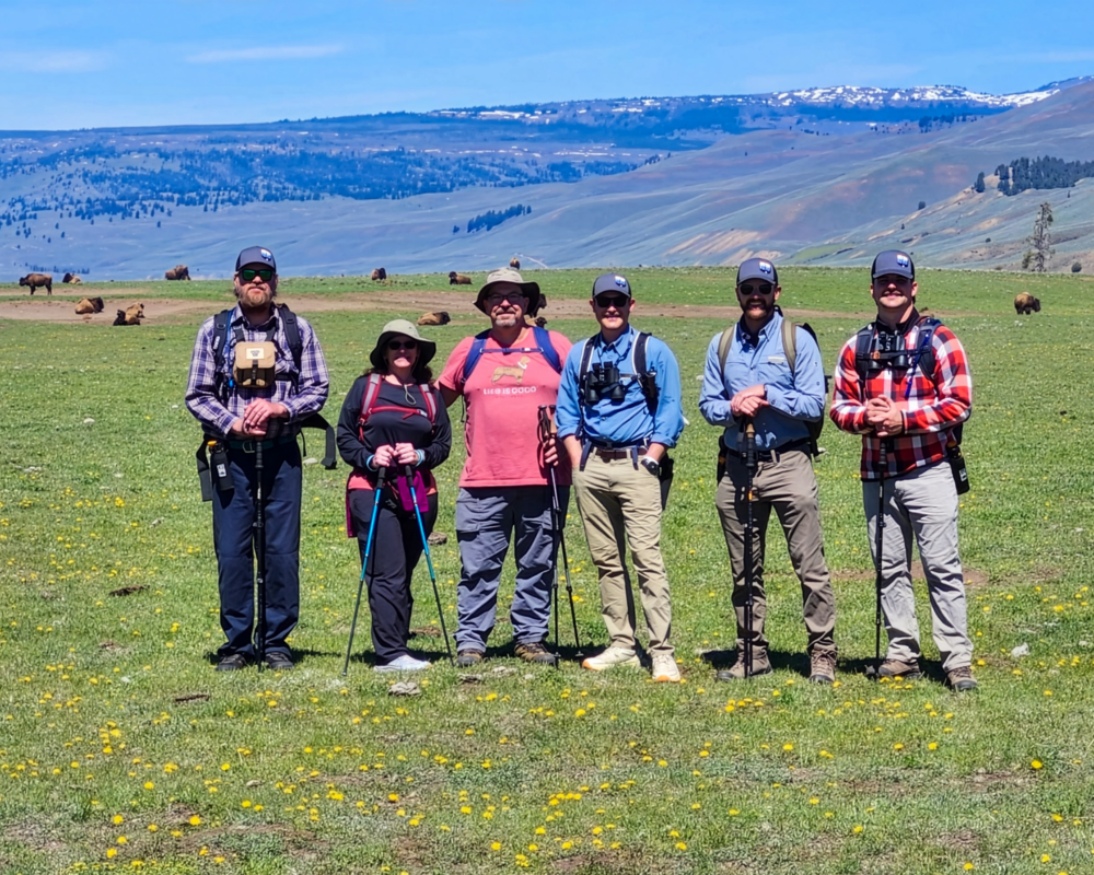 A group of hikers stand in a field at Yellowstone