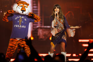 A person in a tiger mascot costume stands beside a performer singing into a microphone on a brightly lit stage.
